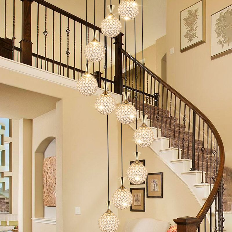 Ball Spiral Cluster Pendant Light Modern Crystal Embedded 10-Light Hanging Lighting