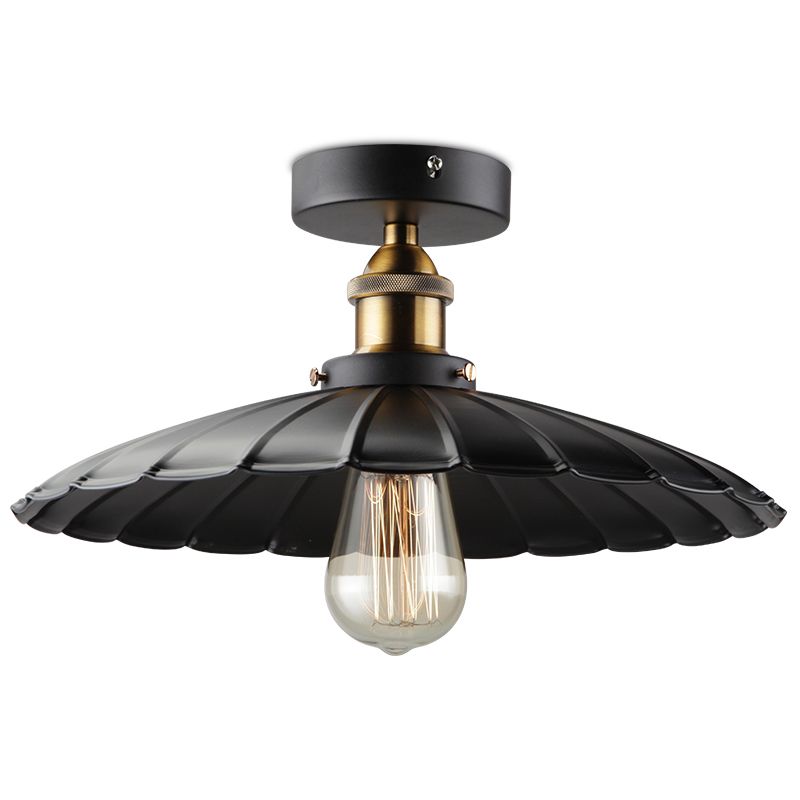1 Light Round Shade Semi Flush Mount Light Industrial Iron Ceiling Lamp
