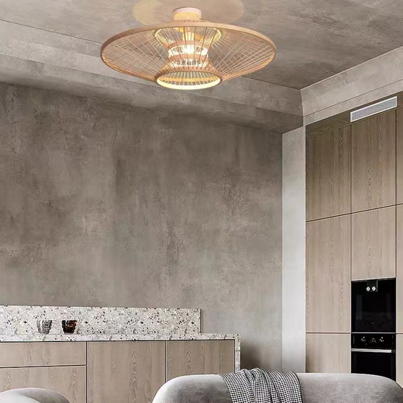 Round Shape Ceiling Lamp Asian Style Rattan 1 Light Flush Mount for Living Room