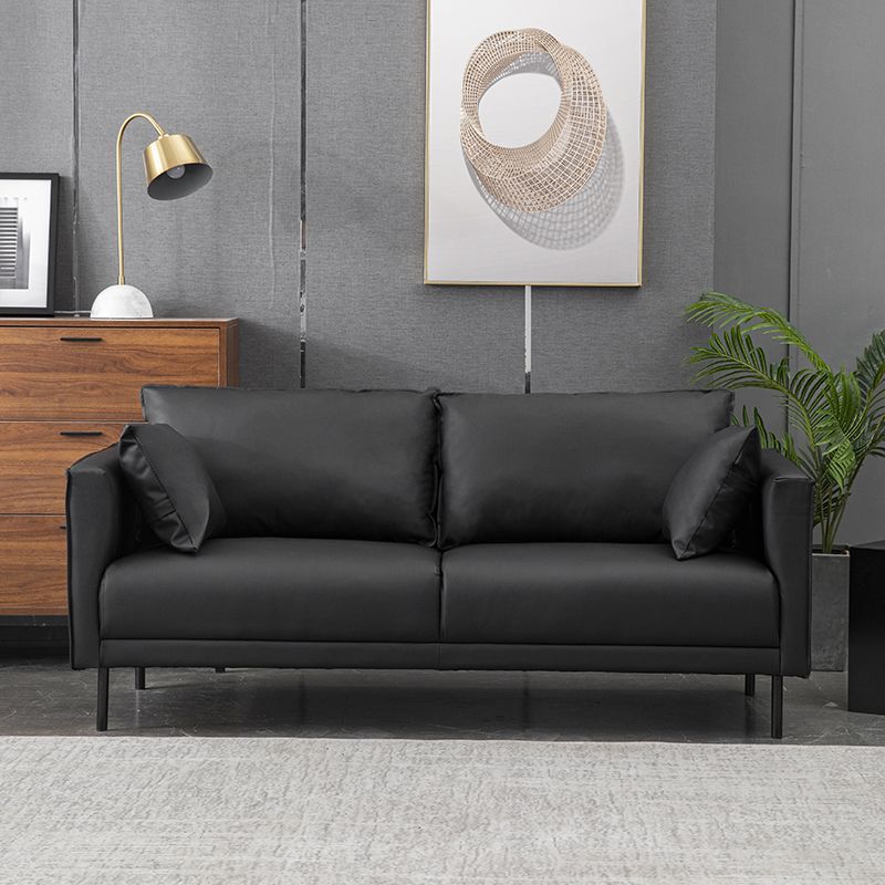 Contemporary Faux Leather Sofa with 2 Pillows Square Arm Settee
