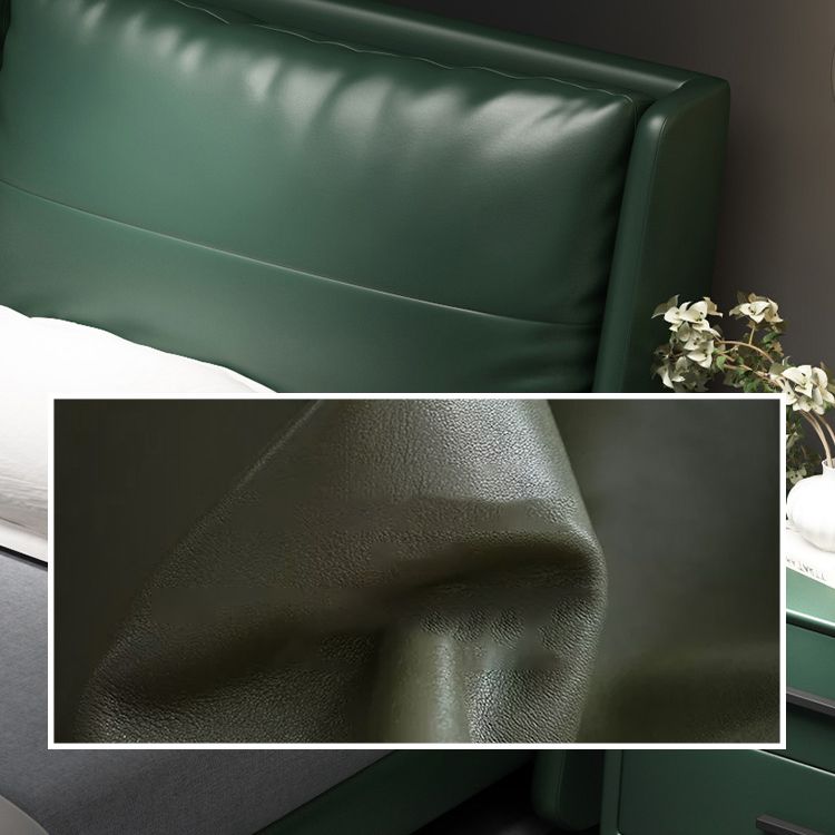 Scandinavian Wooden Panel Bed Green Genuine Leather Standard Bed