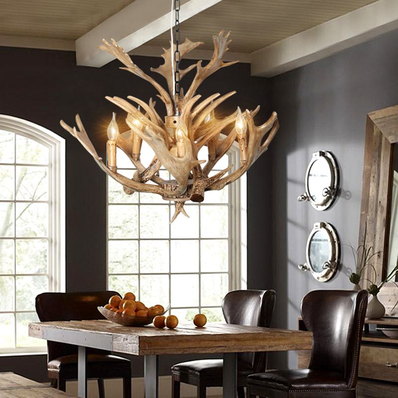 Salle de salle à manger de bougie lampe suspendue à la résine traditionnelle 5 ampoules marron clair