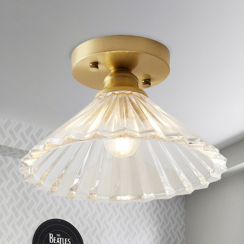 Single Bulb Semi Flush Mount Industrial Cone Clear Textured Glass Ceiling Light in Brass for Living Room