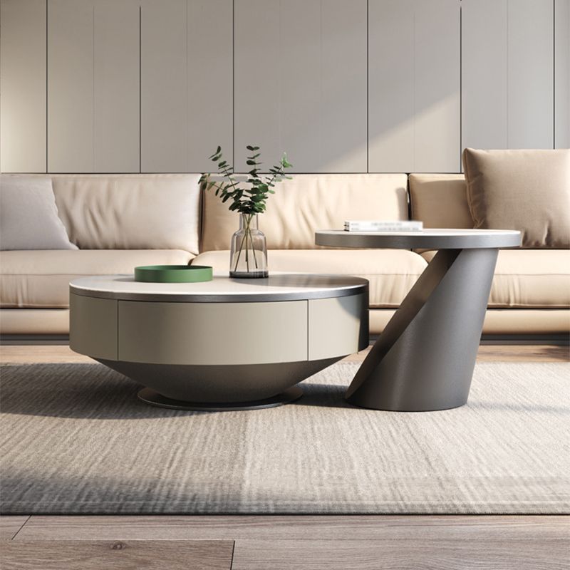 Pedestal Design Grey/gold Slate Top Stainless Steel Pedestal Round Coffee Table