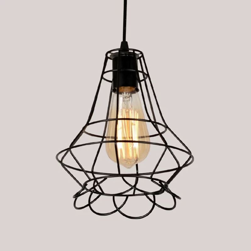 Black Caged Pendant Lighting Industrial Metal 1-Light Restaurant Suspension Light