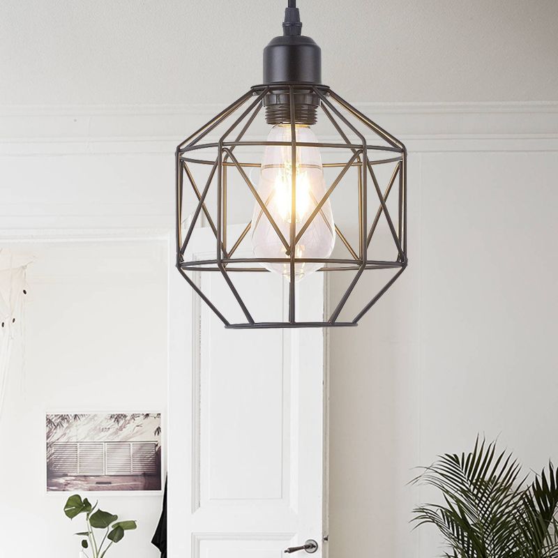 1-Light Prism Cage Pendant Lamp Vintage Black Metal Hanging Light Fixture for Dining Room