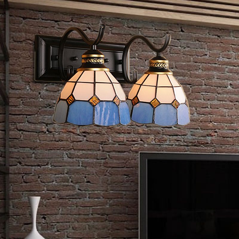2 Lights Domed Wall Light Fixture Mediterranean Stained Glass Vanity Light in White/Black for Bathroom