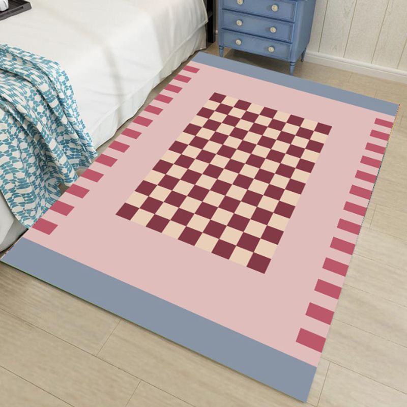Orange Modern Rug Polyester Check Print Rug Washable Rug for Living Room