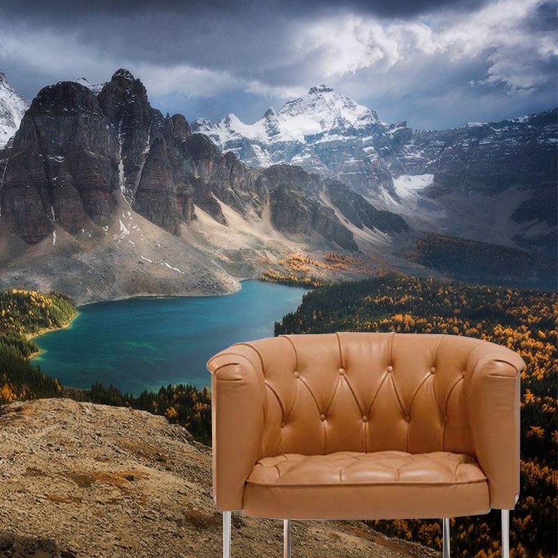 Grey Scenery Wall Paper Mural River Mountain with Flower Field Modern Washable Wall Art