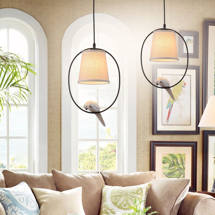 Flared Fabric Pendant Ceiling Light Rustic White Pendant Light Fixture with Bird Decor