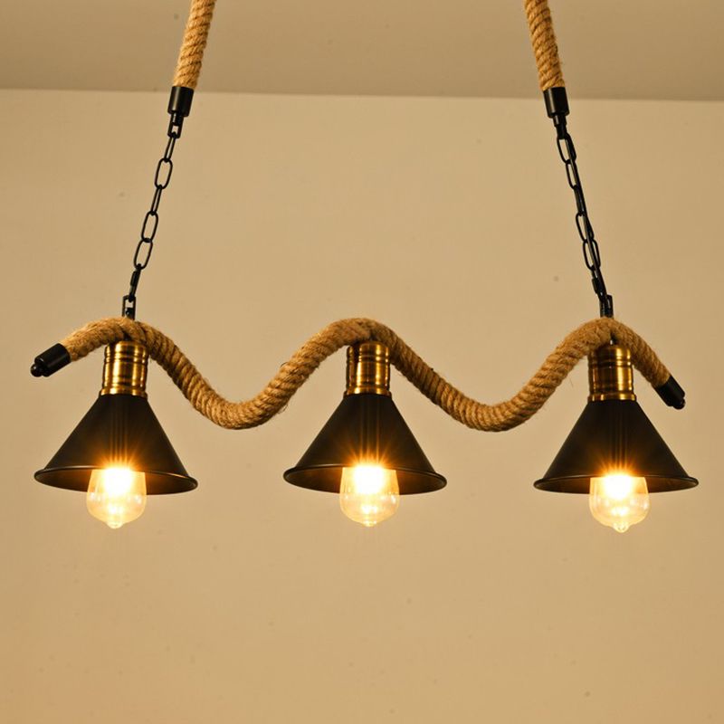 Schmiedeeisen schwarzes Insel Anhänger Licht im industriellen Vintage -Stil Hanfseildecke für Café