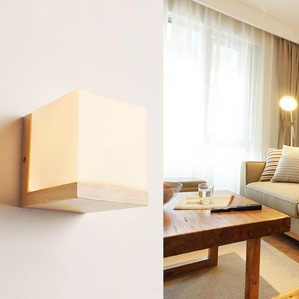 Estilo japonés de pared de madera de madera apliques de pared geométrica con vidrio blanco