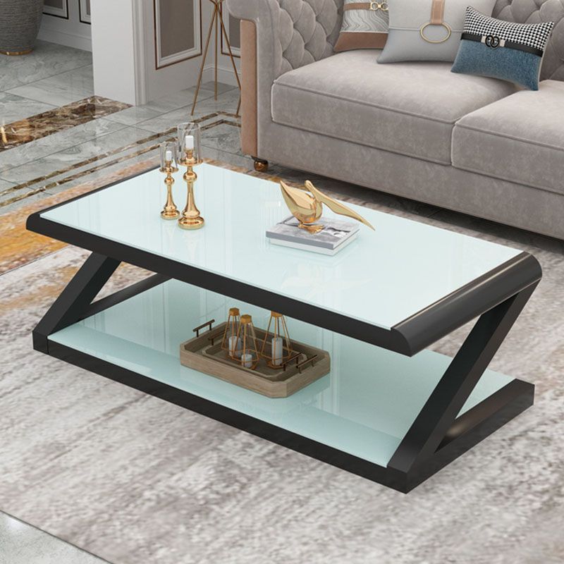 17.7"H Rectangle Glass Coffee Table Steel Abstract Base Cocktail Table with Shelf