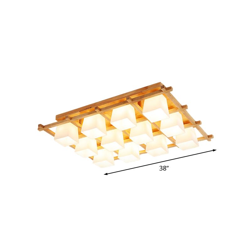 Wooden Checkerboard Shape Flush Mount Light Study Room Japanese Style Ceiling Light in Beige