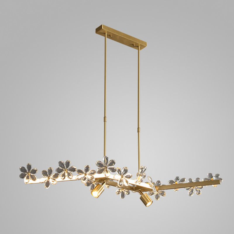 Floral Crystal Linear Island Light Postmodern Gold LED Pendant Light for Dining Room