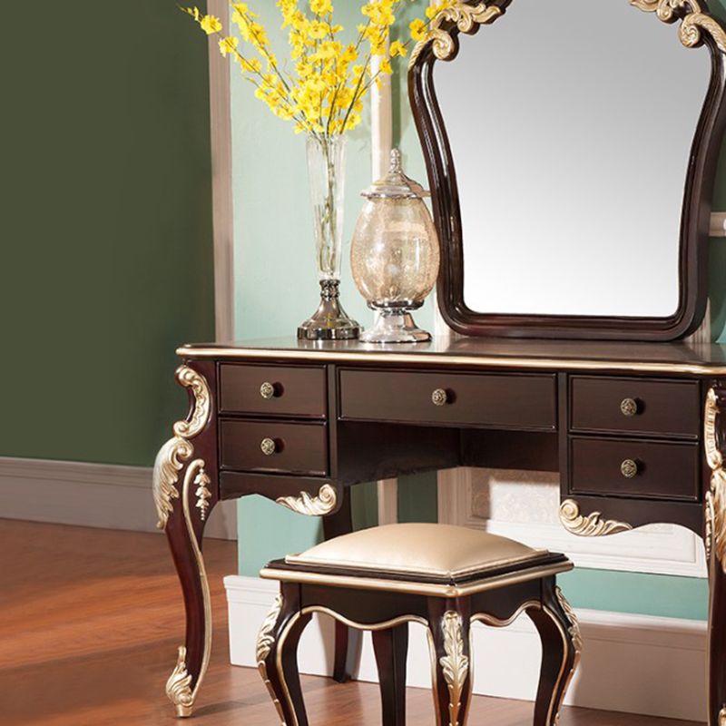 Brown Makeup Counter with Mirror 19.68" Wide Wood Vanity Tables with 5 Drawers