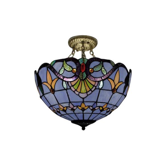 Victorian Designed Ceiling Fixture Tiffany Stylish Beige/Red/Orange/Brown/Blue/Purplish Blue Glass Semi Flush Ceiling Light for Study Room