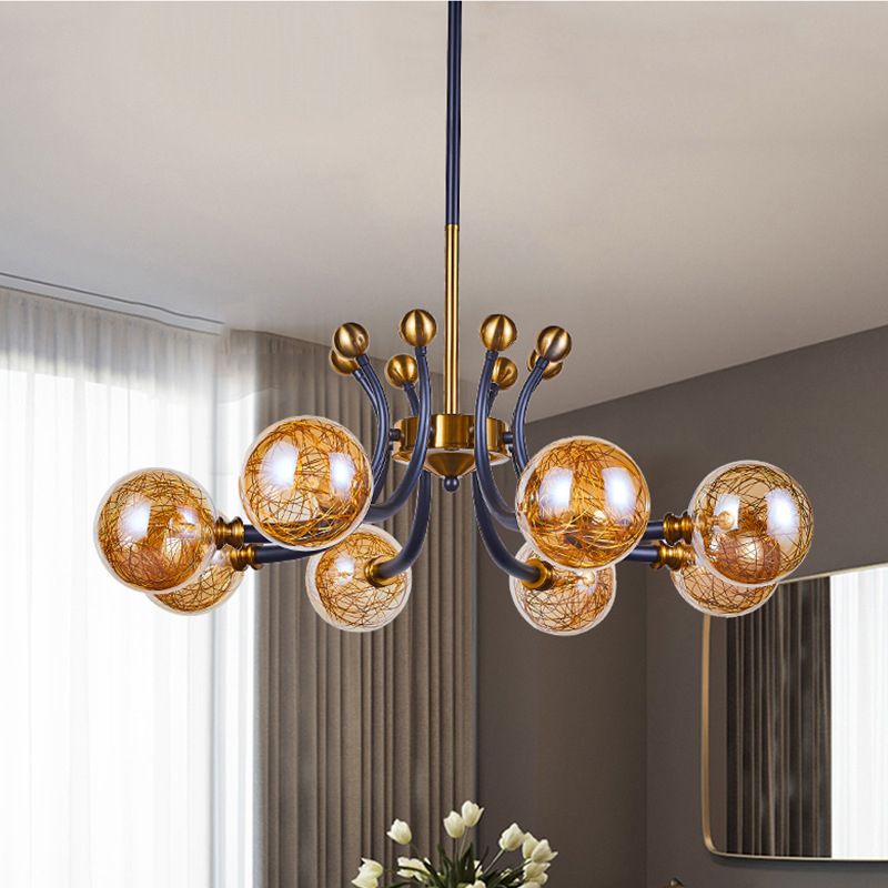 Amber Glass Global Pendant Lamp Minimalism 8/9 Heads Black-Gold Curvy Arm Ceiling Chandelier