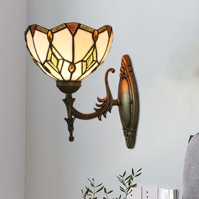 Baroque Flower Shaped Sconce Light 1 Head Beige Glass Wall Mount Lamp in Bronze for Bedroom