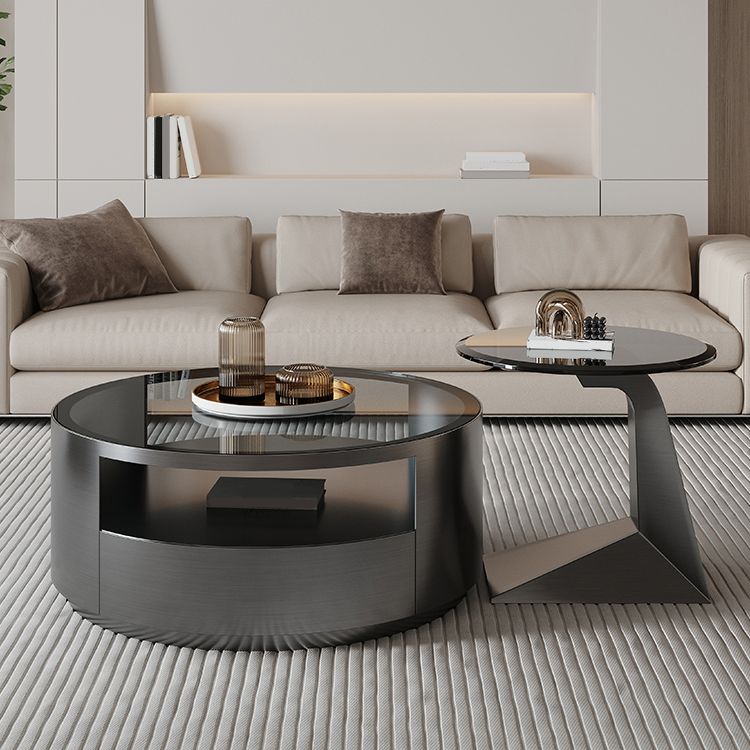 Contemporary Round Glass Coffee Table Set 1-Drawer 2 Piece Bunching Tables
