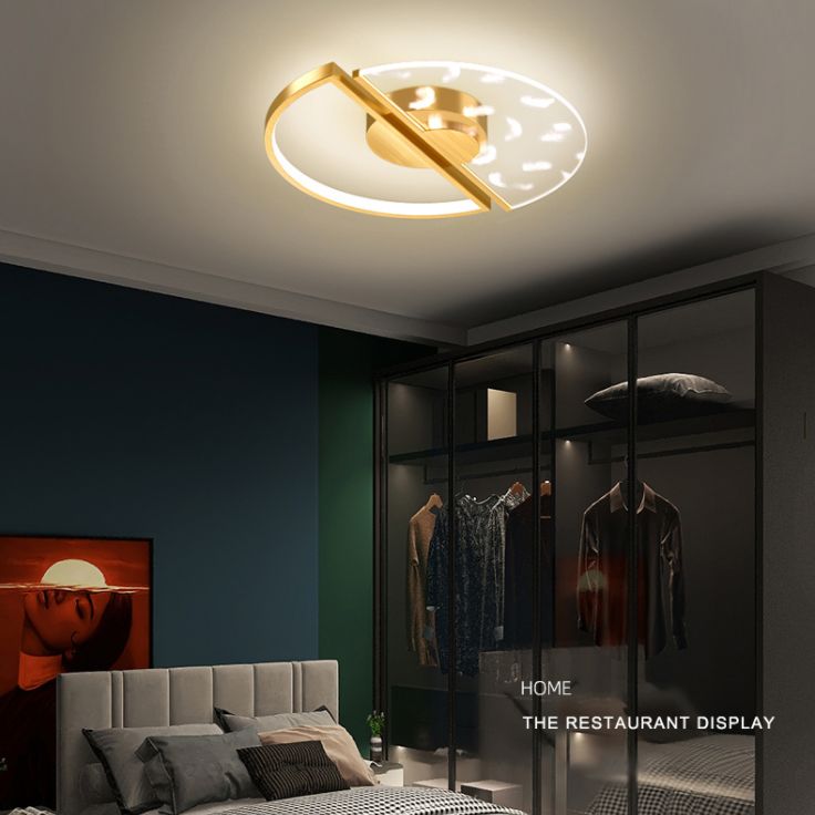 Gold Feather LED Flush Mount in Modern Creative Style Iron Circular Ceiling Light with Acrylic Shade