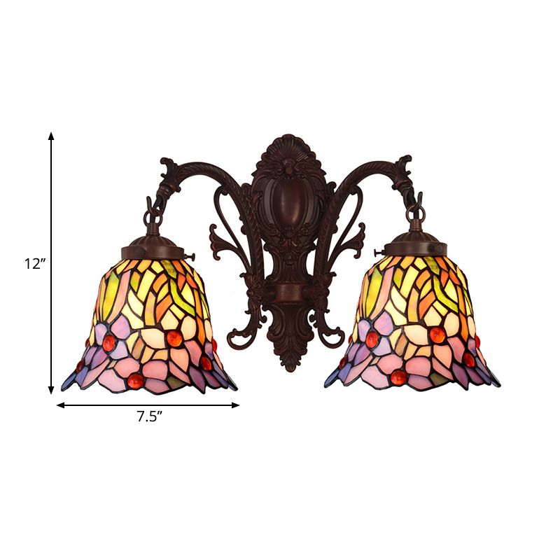 2 Heads Corridor Wall Lighting Fixture Victorian Copper Petal Patterned Wall Lamp with Bell Stained Glass Shade