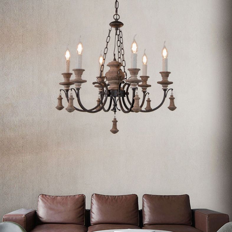 Wooden Brown Chandelier Candle Style 6-Light French Country Suspension Light
