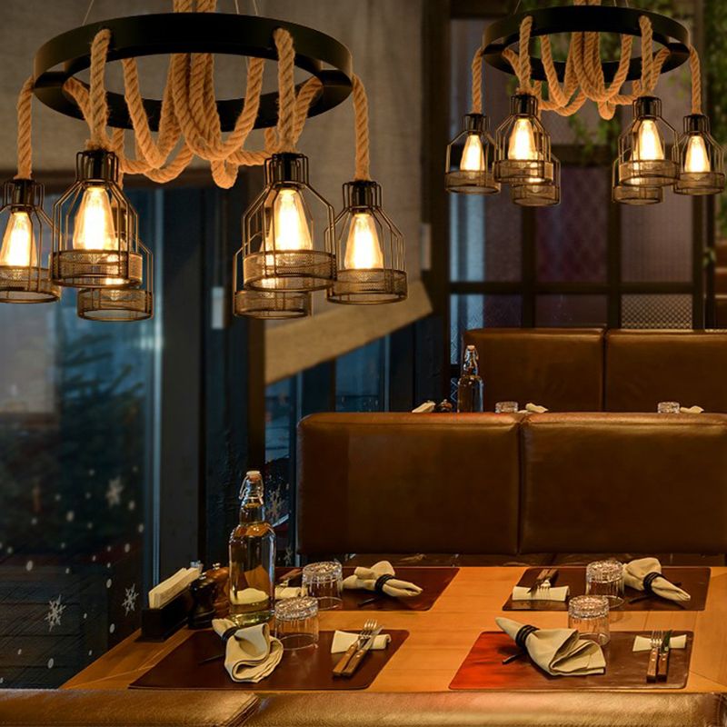 Chandelier Lamp Industrial Cage Metal Hanging Light with Hanging Rope for Dining Room