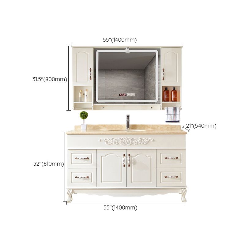 Wood Frame Bathroom Vanity White Freestanding Mirror Drawers Rectangle Vanity with 2 Doors