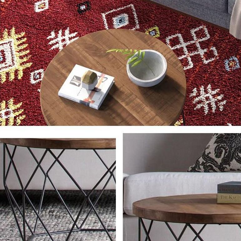 17.7" H Wood Round Top Coffee Table, Metal Frame Base Cocktail Table