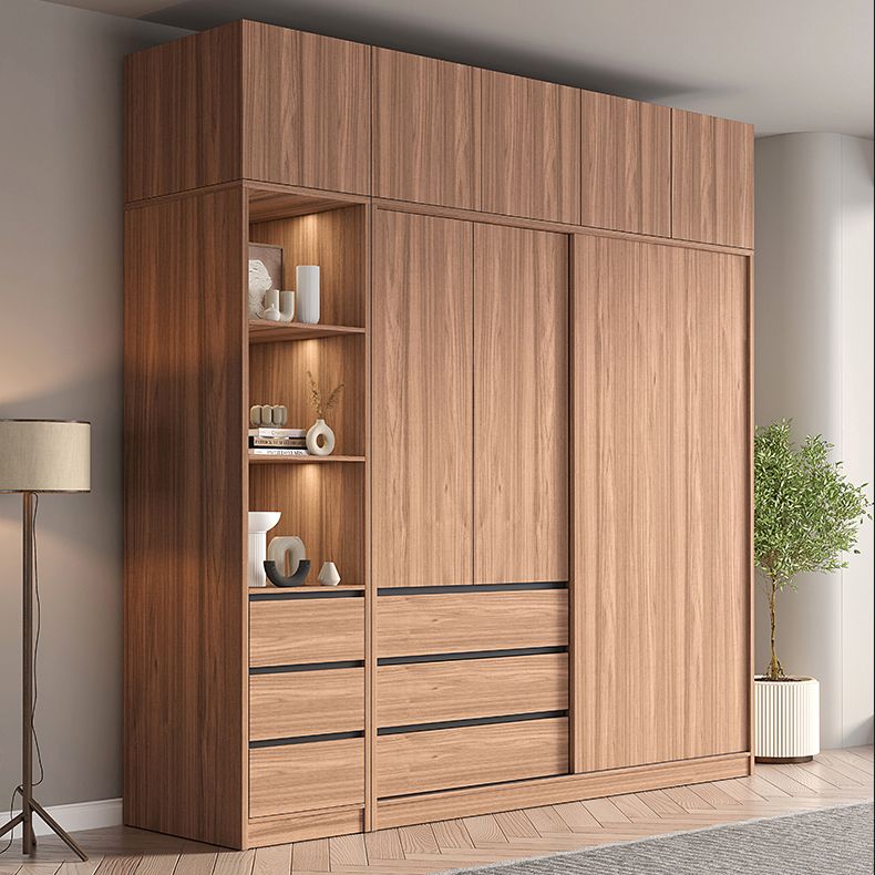 Sliding Wooden Wardrobe Closet Modern Brown Wardrobe Armoire