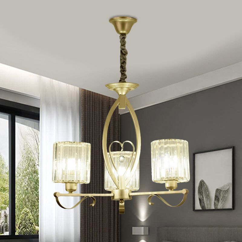 Crystal Cylindrical Suspension Light Traditional 3/6 Heads Sitting Room Chandelier Pendant Lamp in Gold