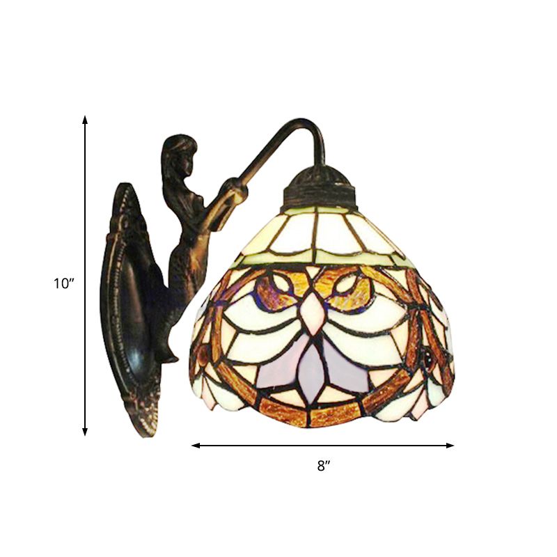 Victorian Dome Wall Light Fixture 1 Head Beige Glass Sconce Light with Flower Pattern