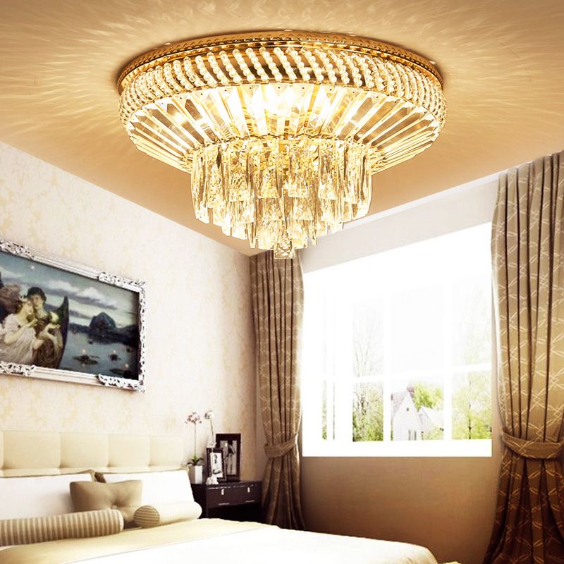 Zweischichtige Deckenleuchte Zeitgenössische Kristall 6-Leuchten Schlafzimmer Einbauleuchte in Gold