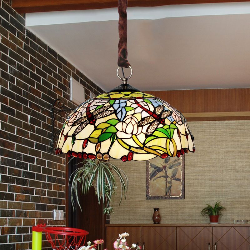 Dragonfulle bianca e lampadario floreale tradizionale vetro colorato a 3 bulboni in rilievo con DECO in rilievo