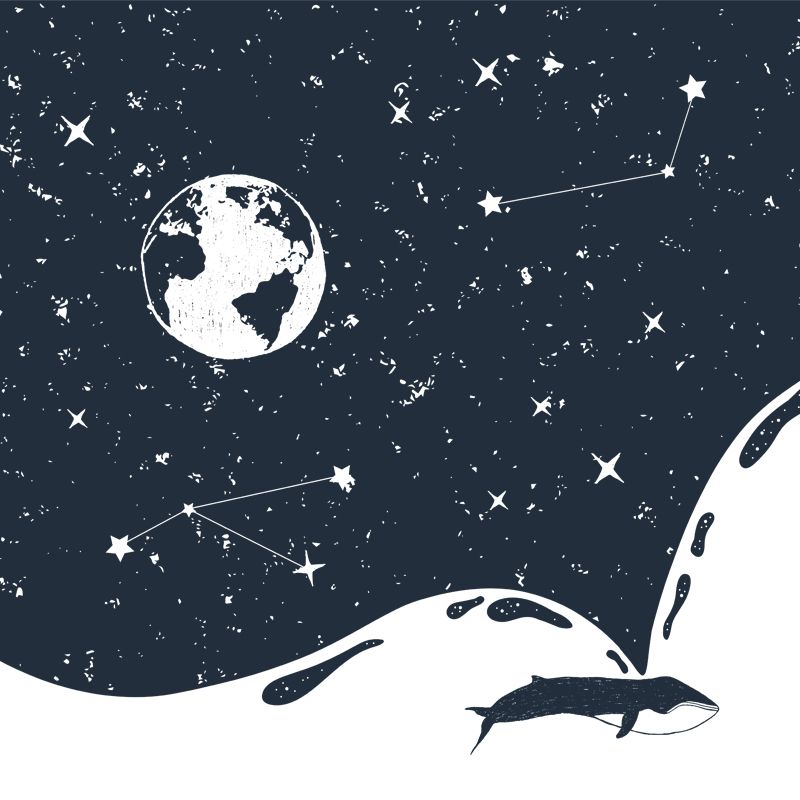 Custom Illustration Modern Mural with the Earth and Constellation Pattern in Black-White