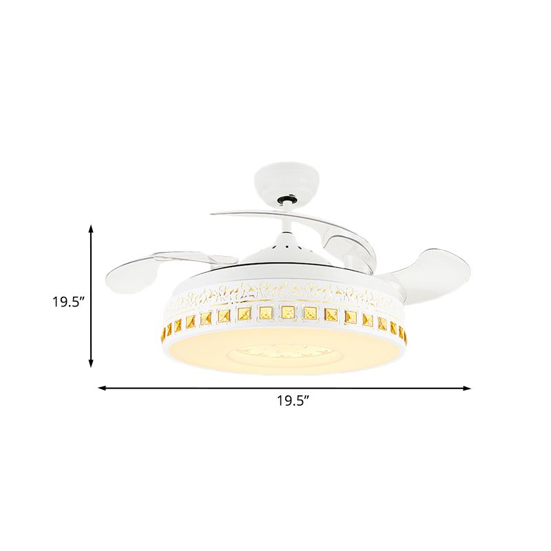 Éventail de ventilateur rond nordique 4-lames LED Metal Semi Flush Flush Mount plafond Aymorde avec garniture en cristal en blanc, 19,5 "de large