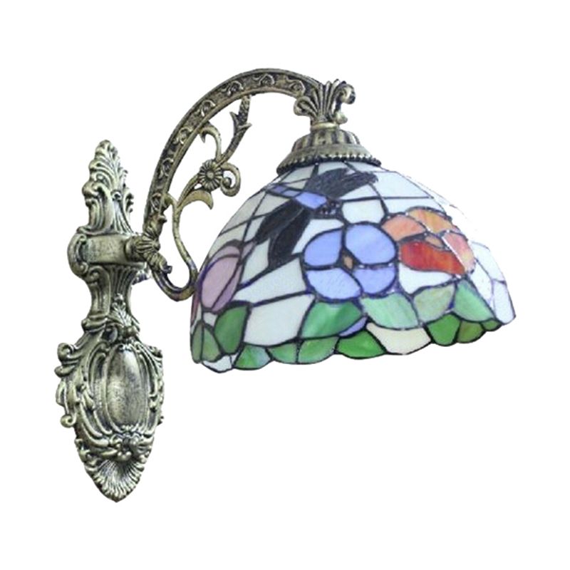 Carved Base Restaurant Wall Light with Petal Stained Glass 1 Light Tiffany Rustic Sconce Light