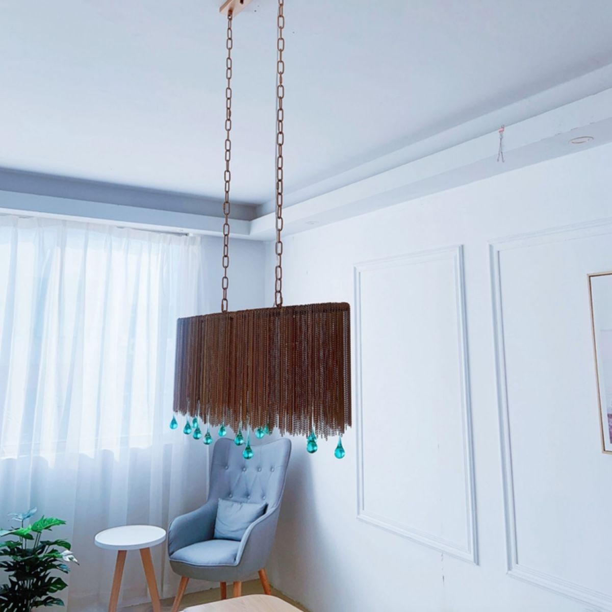 Aluminum Tassel Chandelier Postmodern Brass Finish Hanging Lamp with Blue Crystal Drops