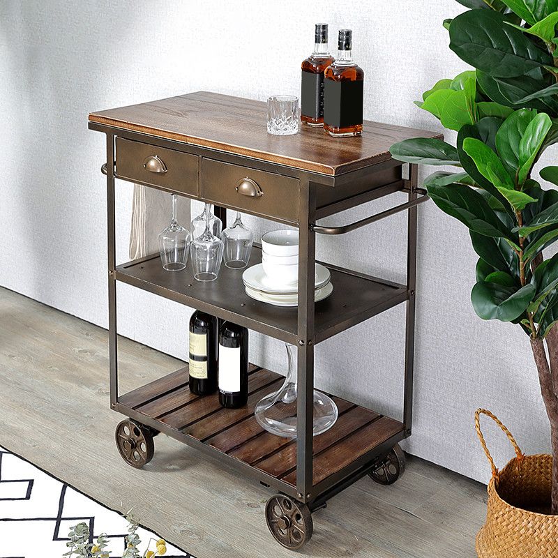 35.43" High Rolling Industrial Kitchen Trolley Wooden Kitchen Trolley for Dining Room