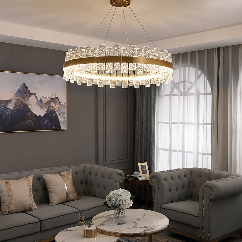 Illuminazione dell'isola rettangolare cristallina increspata luce a led oro minimalista per cena