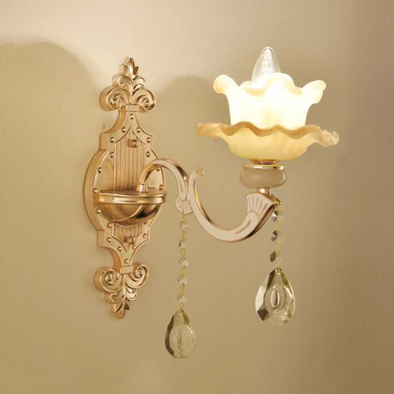 Gold Floral Wall Light Fixture Vintage Glass Living Room Wall Mounted Lamp with Crystal Accent