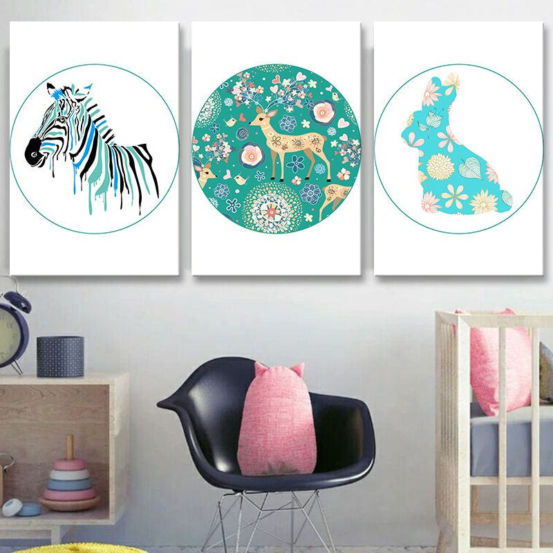 Soft Color Cartoon Print Painting Animal Children's Art Textured Canvas for House Interior