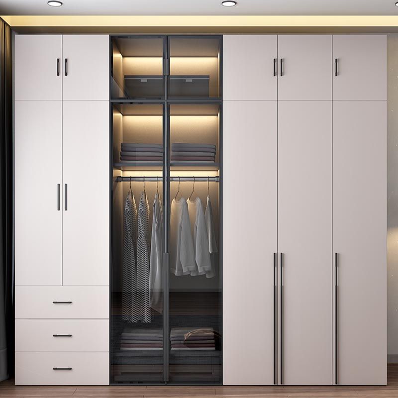 White Modern Armoire Engineered Wood Grand Wardrobe with Drawers and Hanging Rod
