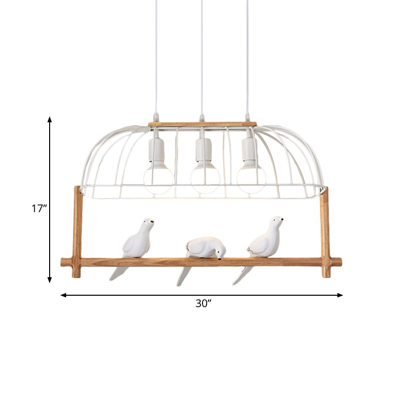 Nordic Style 3-Light Island Pendant Iron White Elongated Cage Hanging Light with Bird and Wood Bird Stand