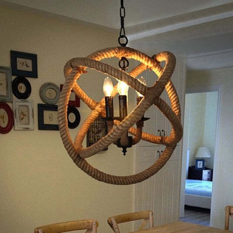 White Orbit Globe Pendant Chandelier Farmhouse Hemp Rope 3 Bulbs Dining Room Ceiling Light