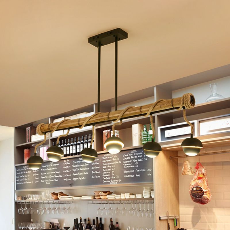 Industrial Linear Island Chandelier 2/3/6 Bulbs Iron Pendant Lamp in Black with Bamboo Tube and Rope, Warm/White Light