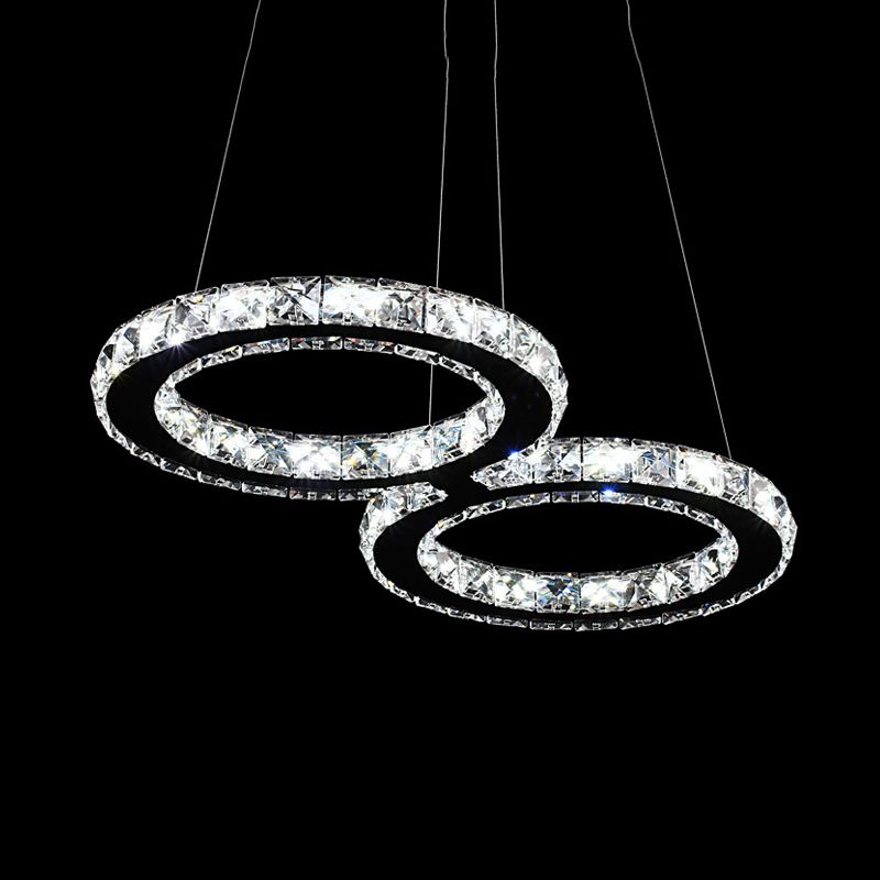 Double Ring Crystal Hanging Pendant Light Modern 2 Heads Silver LED Chandelier Lamp in Warm/White Light for Dining Room