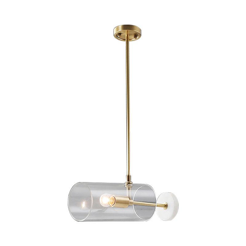 Single Dining Table Suspension Pendant Minimalism Brass Hanging Light with Cylinder Translucent Glass Shade