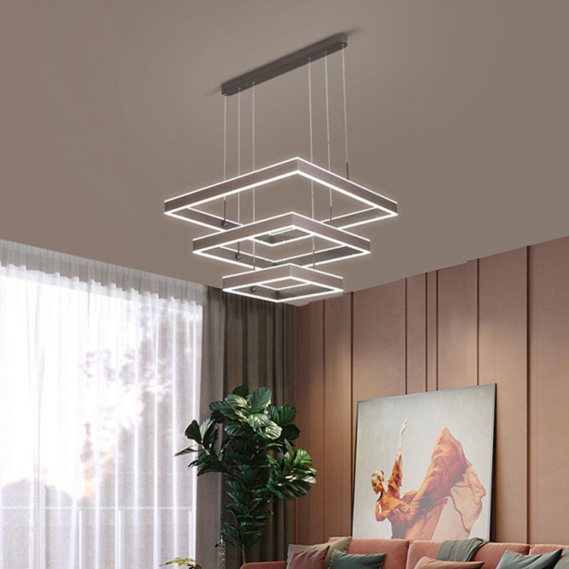 Tiered Square Chandelier Light Simplicity Metallic Living Room LED Pendant Light in Coffee